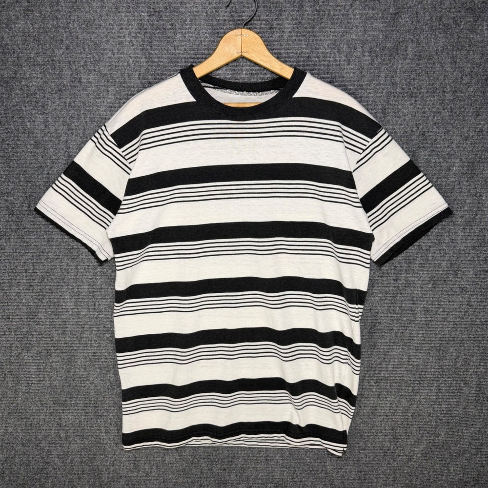 Vintage Striped T-Shirt Mens Large Black White Horizontal Multi Stripe